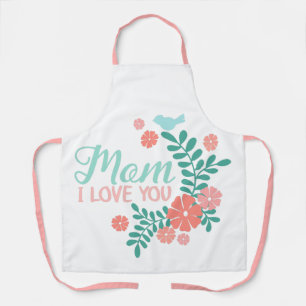 Mum I love you text, pink flowers, blue birds Apron