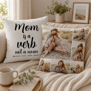 Mum Is a Verb Black Script Six Photo Collage Cushion