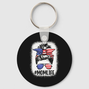 Mum Life American Mum Messy Bun Women Usa Flag 4th Key Ring