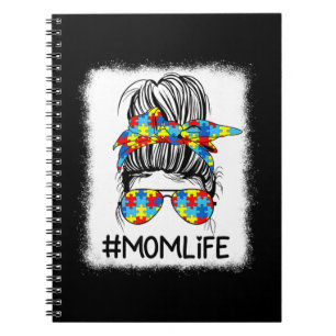 Mum Life Autism Awareness Messy Bun shirt with Ele Notebook
