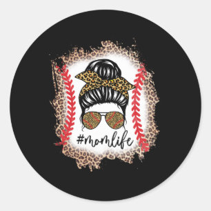 Mum Life Baseball Mum Messy Bun Leopard Baseball M Classic Round Sticker