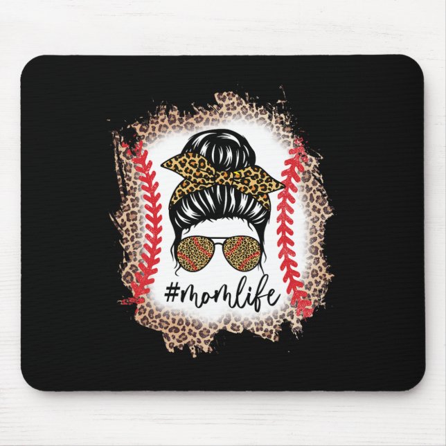 Mum Life Baseball Mum Messy Bun Leopard Baseball M Mouse Mat (Front)