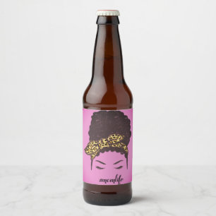 Mum Life, Black Afro Messy Bun, African American Beer Bottle Label