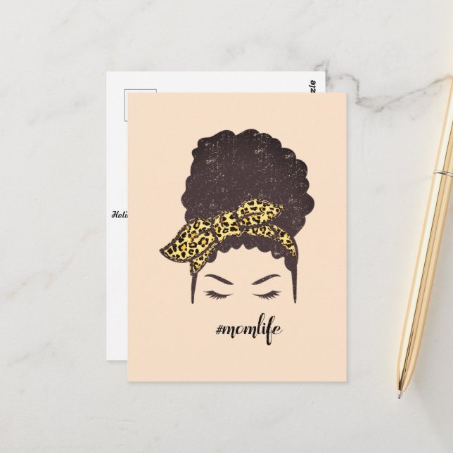 Mum Life, Black Afro Messy Bun, African American Postcard (Front/Back In Situ)