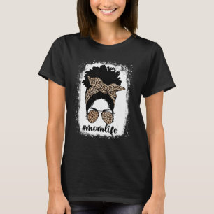 Mum Life Bleached Mum Life Leopard Messy Bun Black T-Shirt