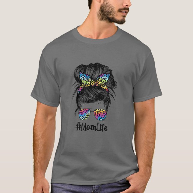 Mum Life Bleached Rainbow Colourful Leopard Print  T-Shirt (Front)