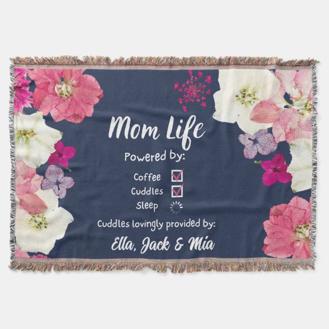 Mum Life Coffee & Sleep Floral Name Throw Blanket (Front)