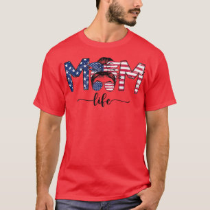 Mum Life For Women Messy Bun US Flag Mother's Day T-Shirt