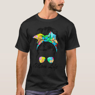 Mum Life Messy Bun Hair Bandanna Glasses Autism Mo T-Shirt
