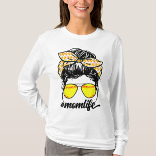 Mum Life Messy Bun Softball Baseball Moms Mothers  T-Shirt