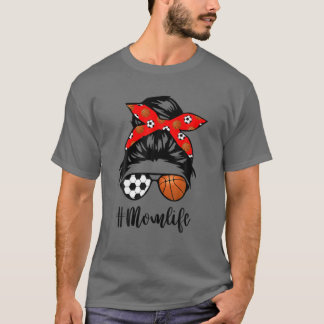 Mum Life Soccer Skull Messy Bun Basketball Bandann T-Shirt