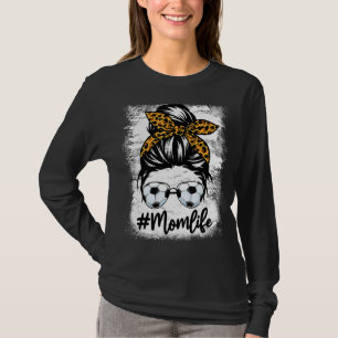 Mum Life Soccer  Women Leopard Messy Bun Mother's  T-Shirt
