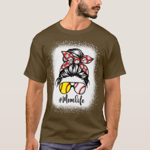 Mum Life Softball Baseball Mothers Day Messy Bun T-Shirt