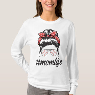 Mum Life Softball Baseball Mothers Day Messy Bun T-Shirt