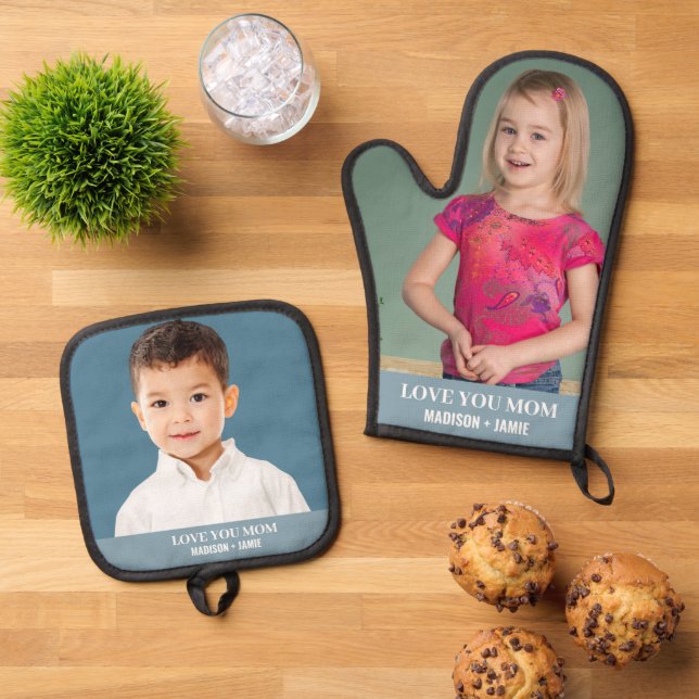 Mum Love Kids Custom Photo Oven Mitt & Pot Holder Set (Top Down)
