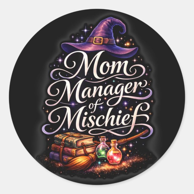 Mum manager of mischief funny magical fantasy cute classic round sticker (Front)