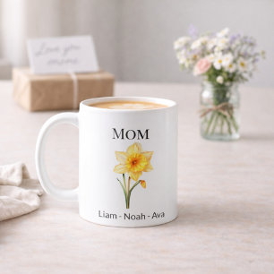 Mum March Birth Flower with Kids Names Coffee Mug