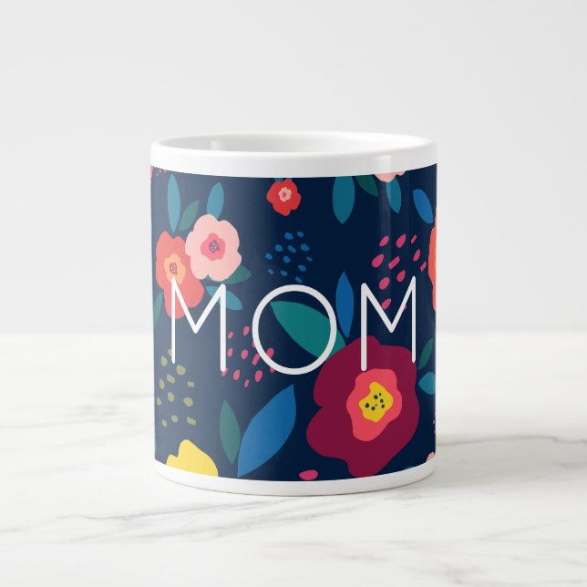Mum Modern Floral Blue and Coral Coffee Large Coffee Mug (Front)