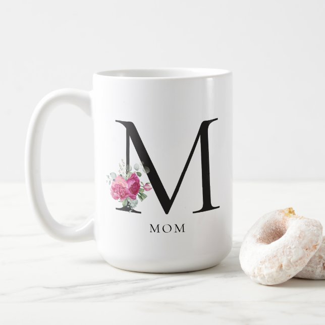 Mum Modern Floral Monogram Coffee Mug (With Donut)