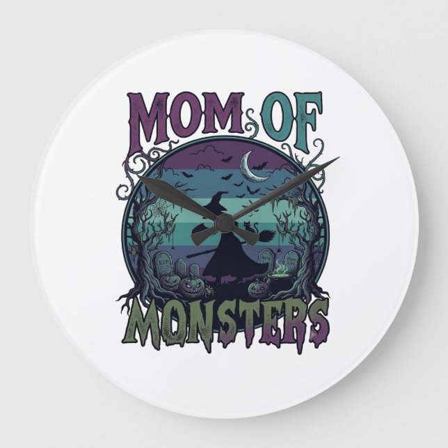 Mum Monsters Halloween Witch Moon Pumpkins Graveya Large Clock (Front)