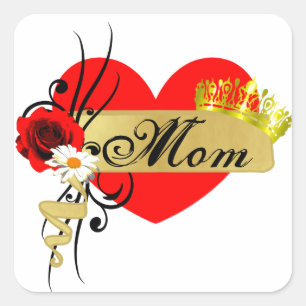 Mum Mothers Day Big Red Heart Rose Scroll Square Sticker