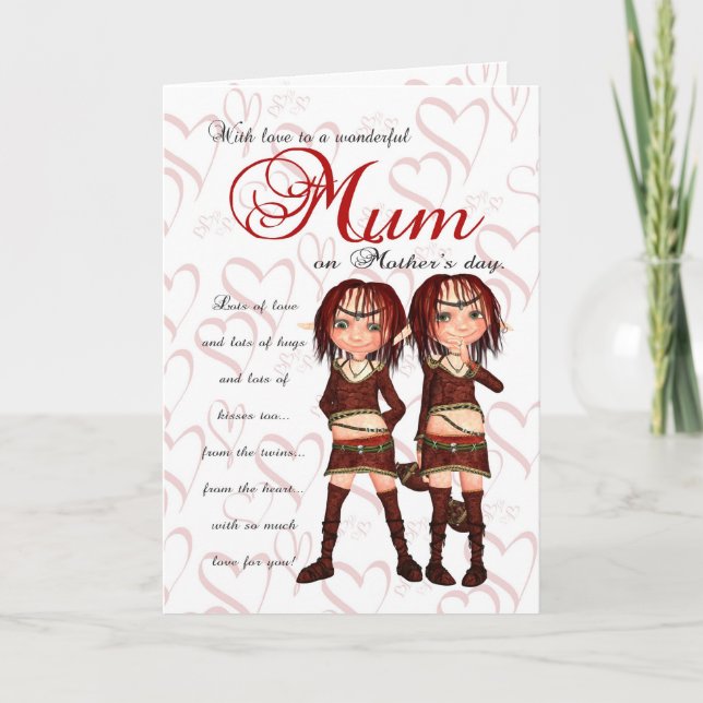 Mum Mother's Day Card From Twins - Two Cute Elves (Front)