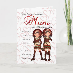Mum Mother's Day Card From Twins - Two Cute Elves