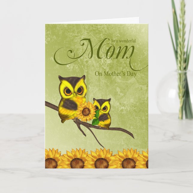Mum Mother's Day Greeting Card With Owls And Sunfl (Front)