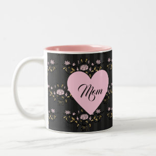 Mum Mothers Day Heart on Vintage Black Floral Two-Tone Coffee Mug