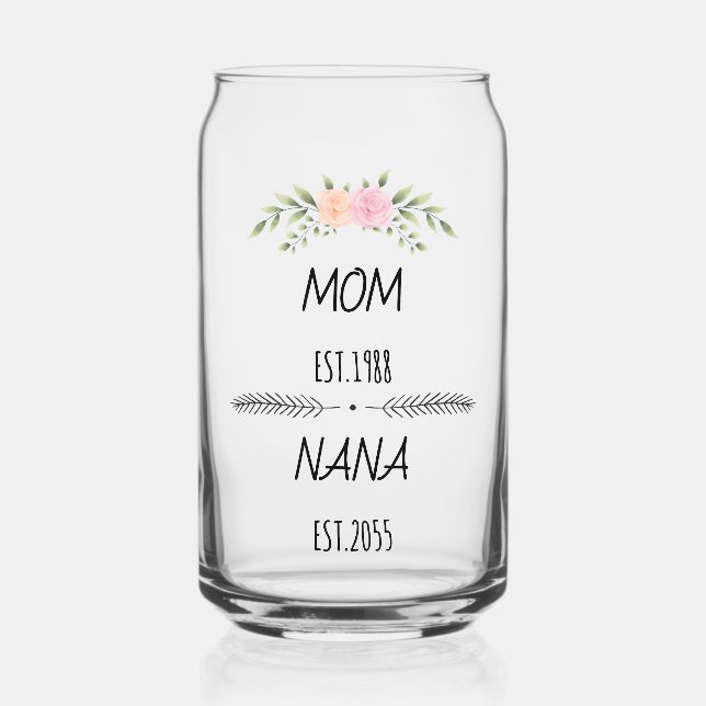 Mum & Nana Custom Floral Family Establishe Year Can Glass (Front)