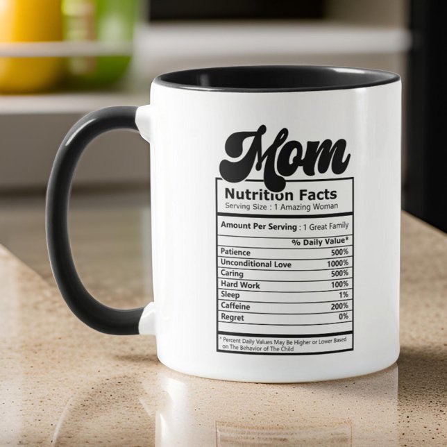 Mum Nutrition Facts Modern Black and White Funny Mug (Creator Uploaded)
