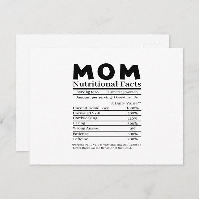Mum Nutritional Facts Postcard (Front/Back)