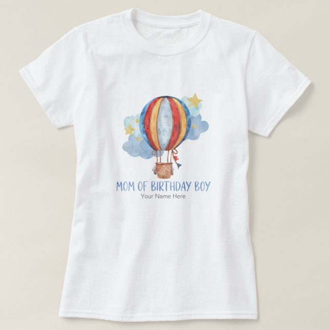 Mum of Birthday Boy Blue Red Hot Air Balloon Stars T-Shirt (Design Front)