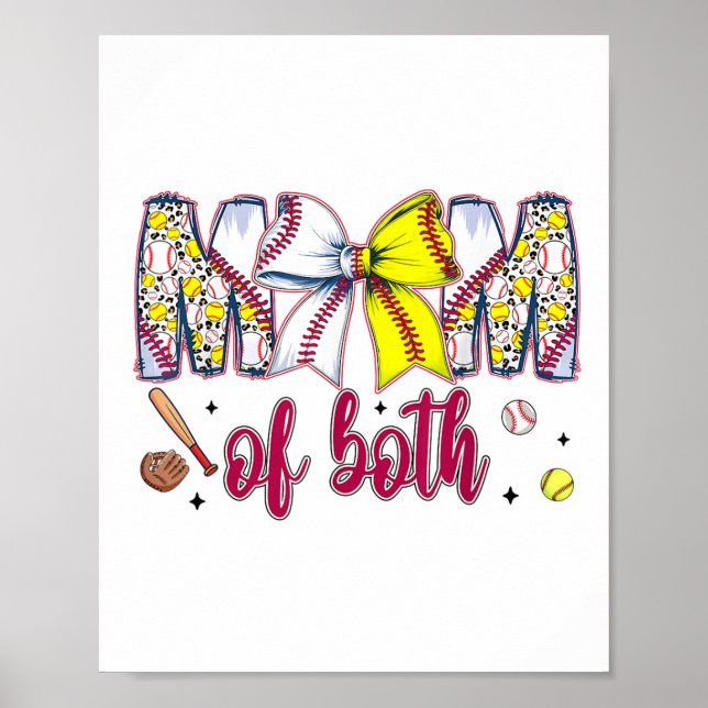 Mum Of Both Baseball Softball Coquette Bow Mothers Poster (Front)