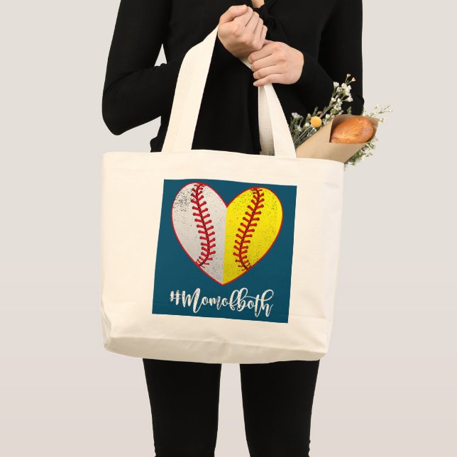 Mum Of Both Softball Baseball Heart Mother's Day Large Tote Bag (Front (Product))