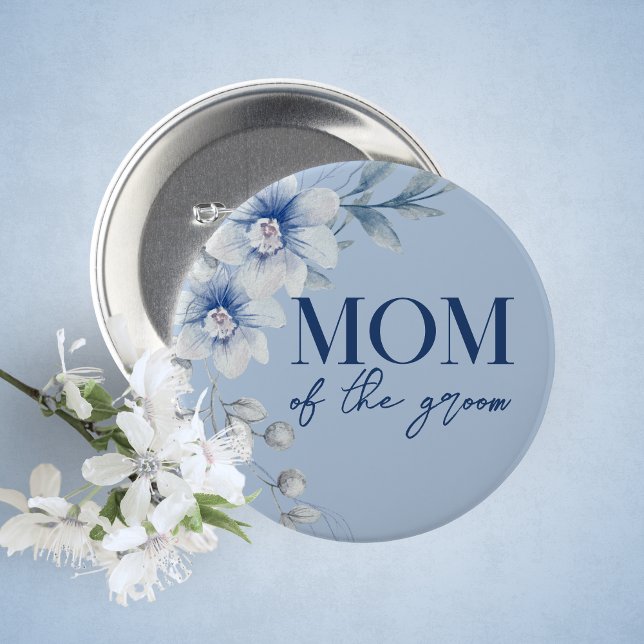 Mum of the Groom Blue Floral Bridal Shower Button (Mom of the Groom Watercolor Blue Floral Guest of Honor Buttons. 5 Sizes Available)