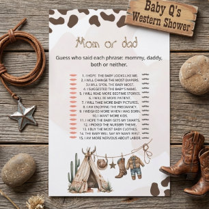 Mum or Dad Game Card Cowboy  howdy  baby shower 