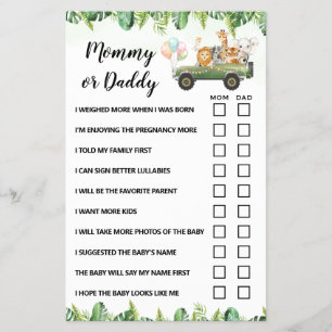 Mum or Dad Safari Animals Baby Shower Game Card
