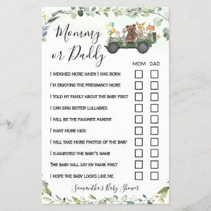 Mum or Dad Woodland Animals Baby Shower Game Card