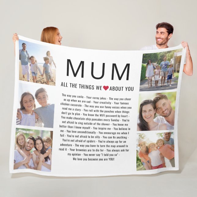 Mum Photos Things We Love About You Mother's Day Fleece Blanket (In Situ)