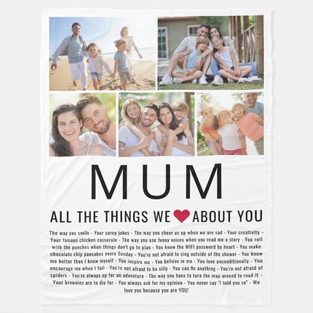 Mum Photos Things We Love About You Mother's Day Fleece Blanket (Front)