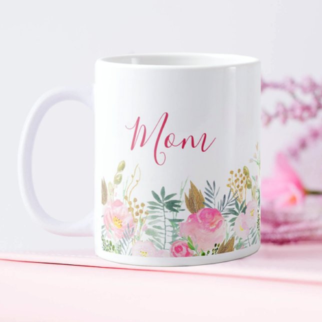 Mum Pink and Gold Floral Mother's Day Large Coffee Mug (Pink Floral Coffee Mug for Mom)