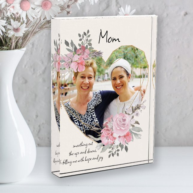 Mum Pink Floral Gold Geometric Heart Shaped Photo Block (Creator Uploaded)