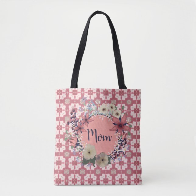 Mum | Pink Floral Wreath | Monogram Tote Bag (Front)