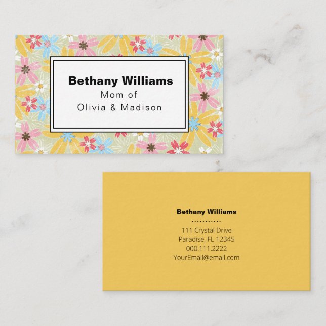 Mum Playdate Modern Pink Blue Flowers Calling Card (Front/Back)