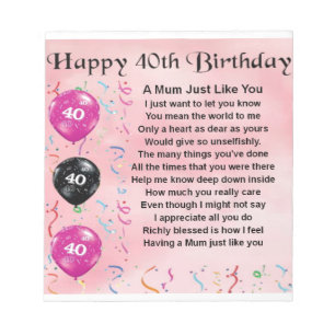 Mum Poem -  40th Birthday Notepad