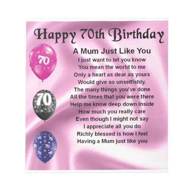 Mum Poem  -  70th Birthday Notepad (Front)