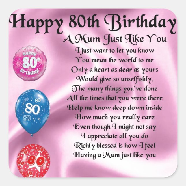 Mum Poem - 80th Birthday Square Sticker (Front)