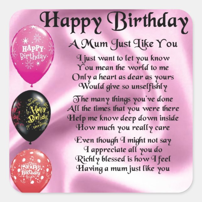 Mum Poem  -  Happy Birthday Square Sticker (Front)