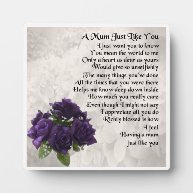 Mum Poem Plaque  -  Purple Roses  Design (Front)